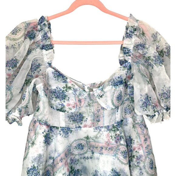 Selkie La Belle Étoile Parliament Dress Blue Floral Organza Puff Sleeve Mini 1X - Picture 7 of 12